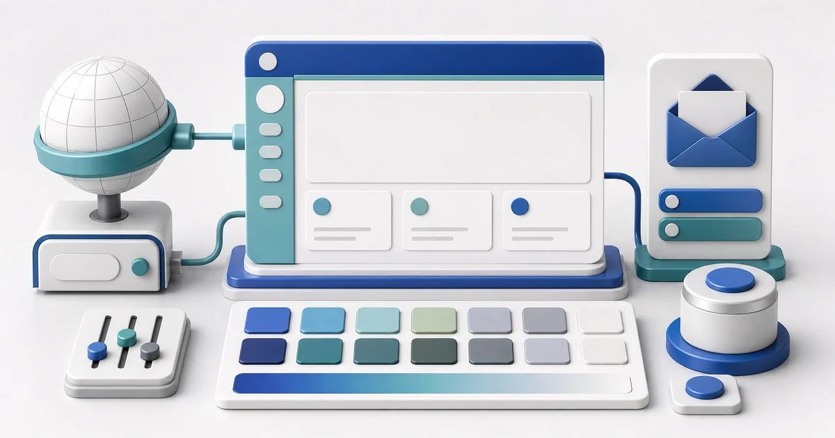 White-label Moodle branding studio with domain routing object, responsive theme frame, color swatches, email capsule, and blank platform space.