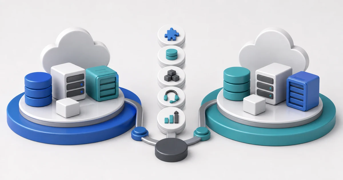 Two neutral managed Moodle hosting environments compared with plugin, storage, scaling, support, and growth capability tokens.