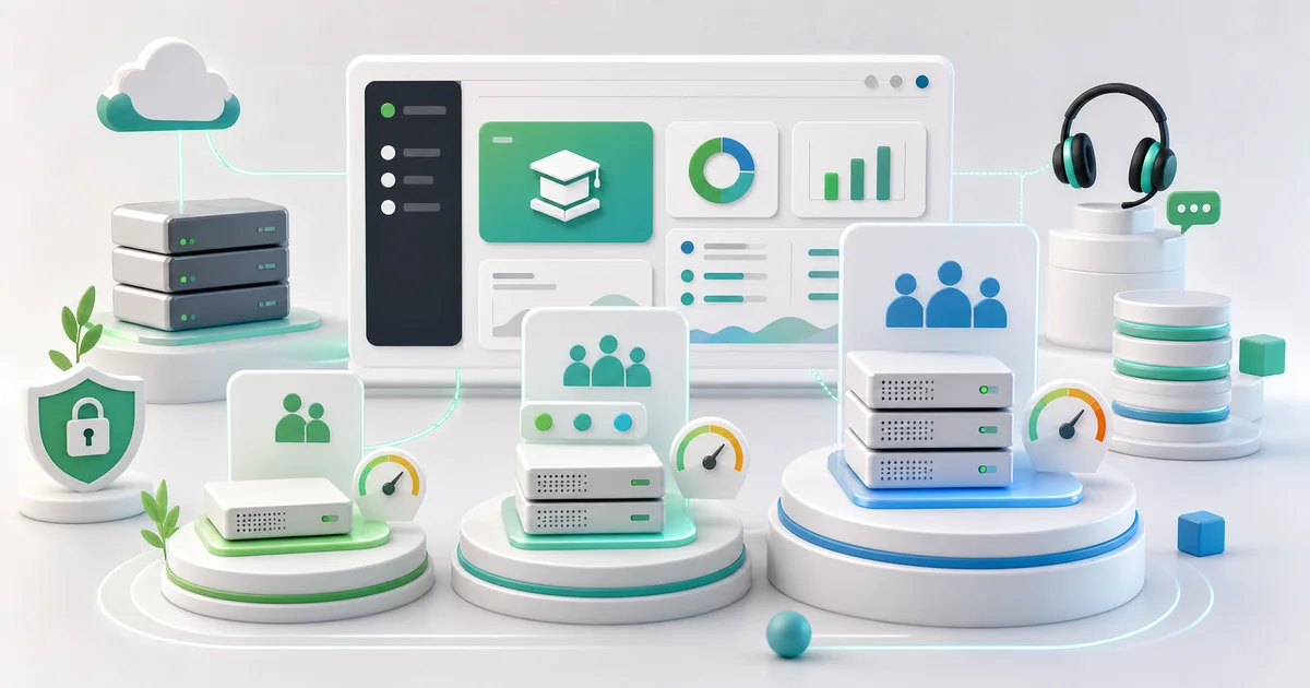 Editorial 3D illustration comparing Moodle hosting plan tiers with capacity, support, storage, and uptime controls.