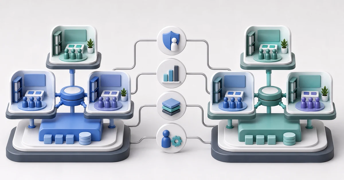 Two neutral multi-tenant Moodle operating models compared with tenant isolation, reporting, shared core, and responsibility tokens.