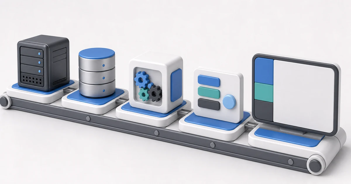Production Moodle installation assembly line with server block, database cylinder, runtime engine, configuration capsule, and final LMS surface.