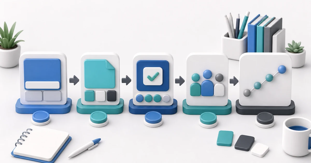 Teacher quick-start Moodle workflow with course shell, resource block, quiz capsule, enrollment beads, and progress tracker.