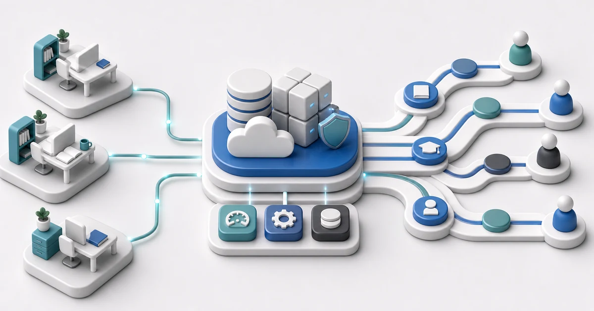 Accessible education network connecting educator workspace nodes, learner pathway tokens, and reliable platform infrastructure.