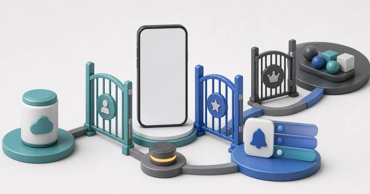Mobile capability gate model with blank device, access gate, offline course capsule, notification stream, and upgrade boundary.