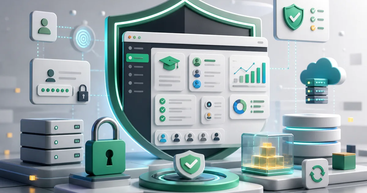 Editorial 3D illustration of a secure Moodle dashboard protected by access controls, shield elements, and compliance checks.