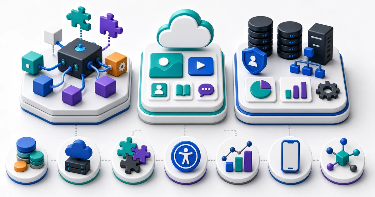 Three neutral LMS platform models compared with abstract cost, hosting, extensibility, accessibility, analytics, mobile, and integration tokens.