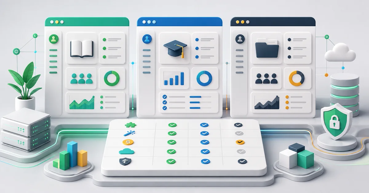 Editorial 3D illustration of three LMS comparison panels showing Moodle, Canvas, and Blackboard-style platform capabilities without logos.
