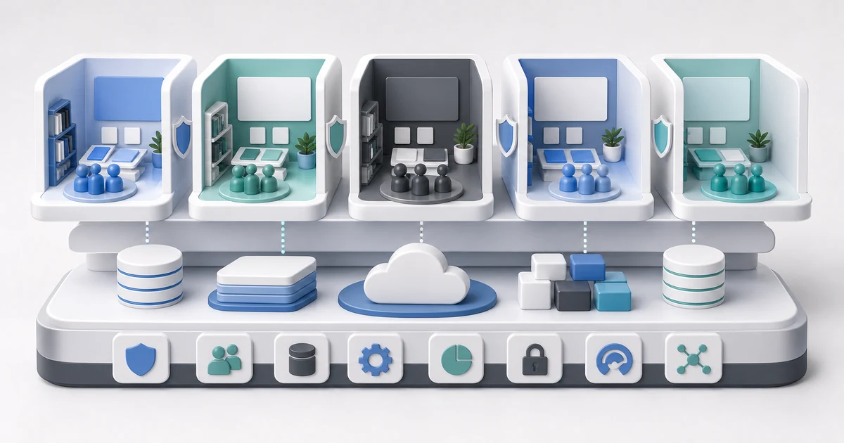 Shared Moodle infrastructure core supporting isolated tenant rooms with separate brand shells and policy boundaries.