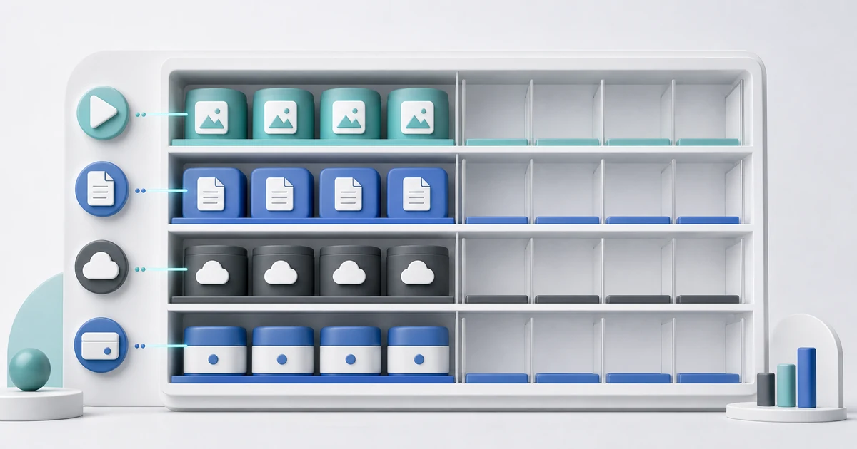 Organized Moodle storage headroom shelf with course media capsules, submission blocks, backup capsules, and future capacity slots.
