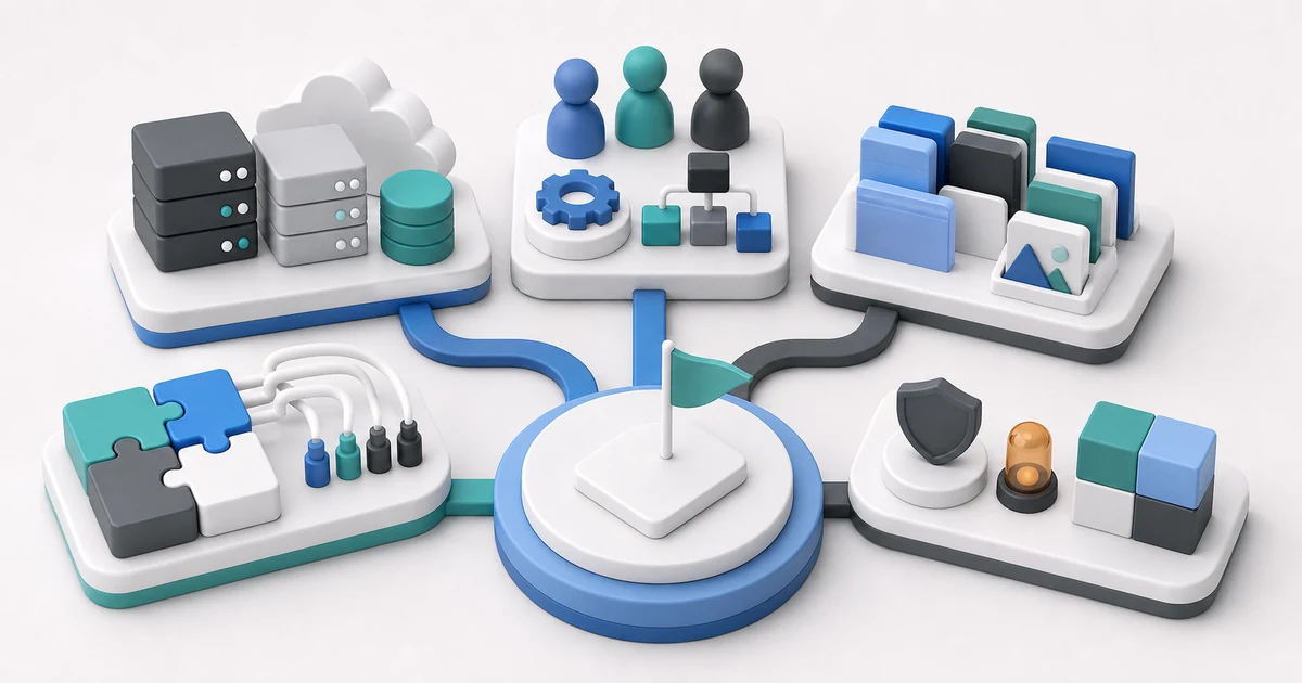 Moodle implementation readiness model with technical foundation, people and process block, content token, integration token, and launch platform.