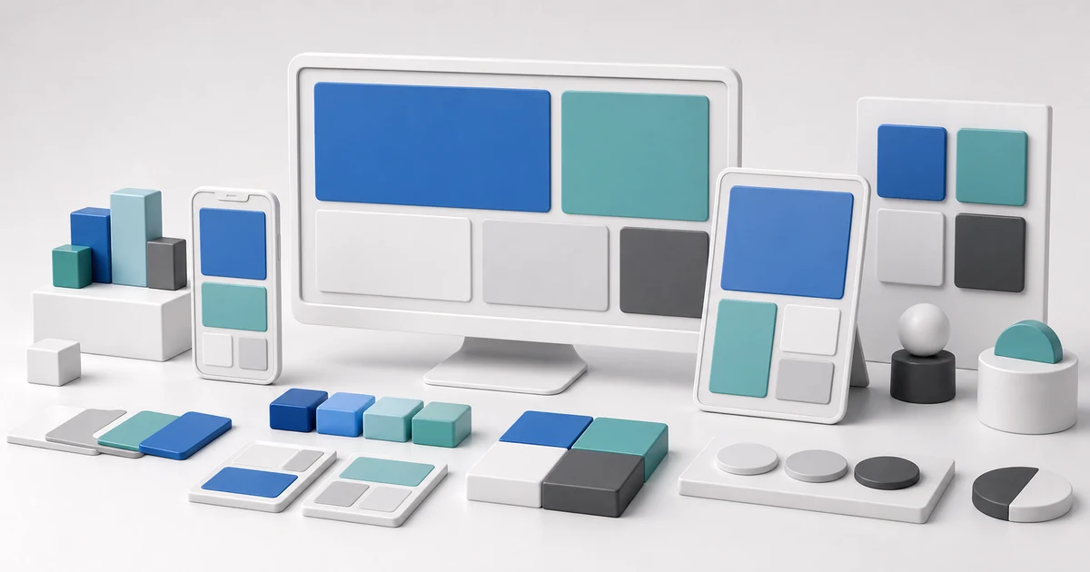 Moodle theme gallery with blank responsive frames, solid layout blocks, color swatches, contrast tokens, and mobile preview.