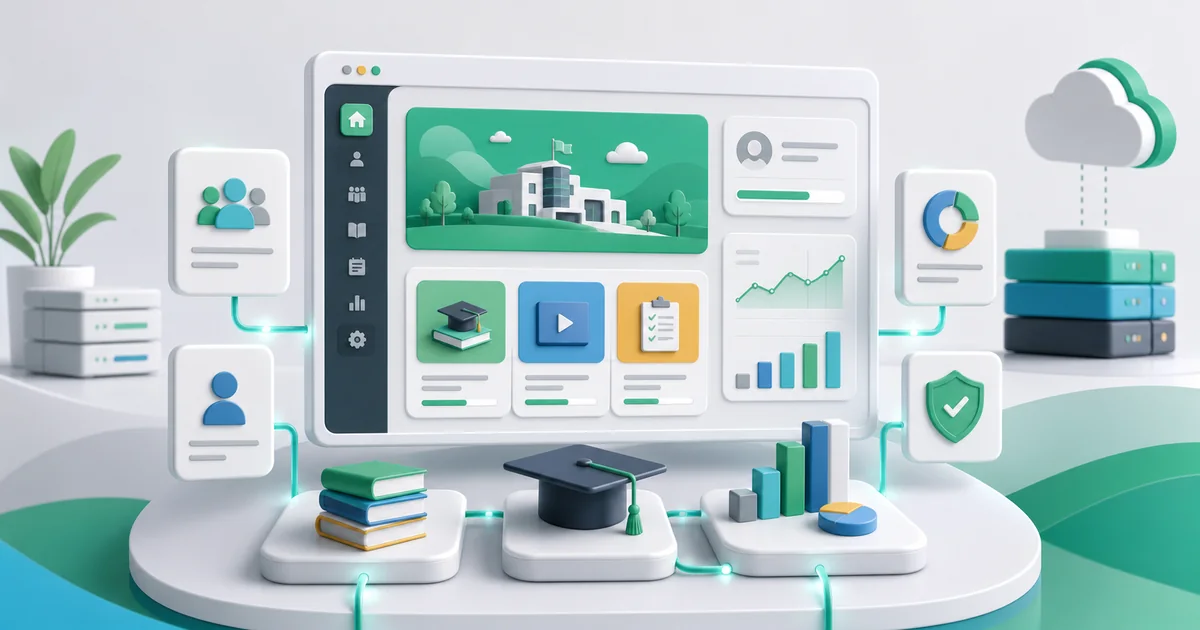 Editorial 3D illustration of a Moodle learning dashboard with course modules, learner profiles, and connected LMS tools.
