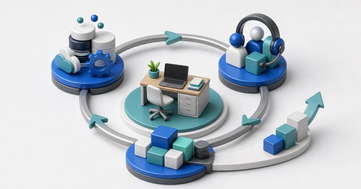 Sustainable efficiency loop connecting compact infrastructure, support discipline, educator workspace, and growth path.